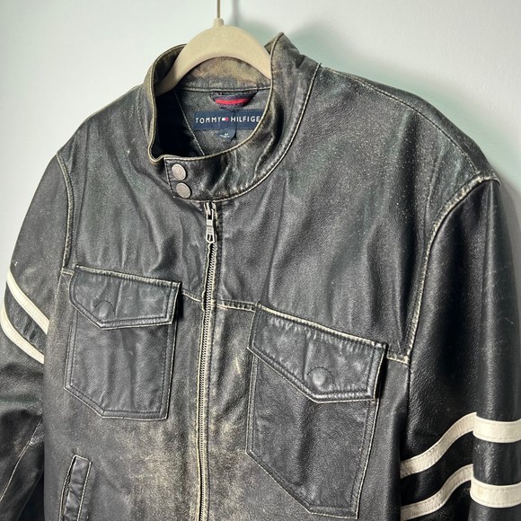 Men’s Tommy Hilfiger leather motorcycle racer jacket racing St - Picture 4 of 7